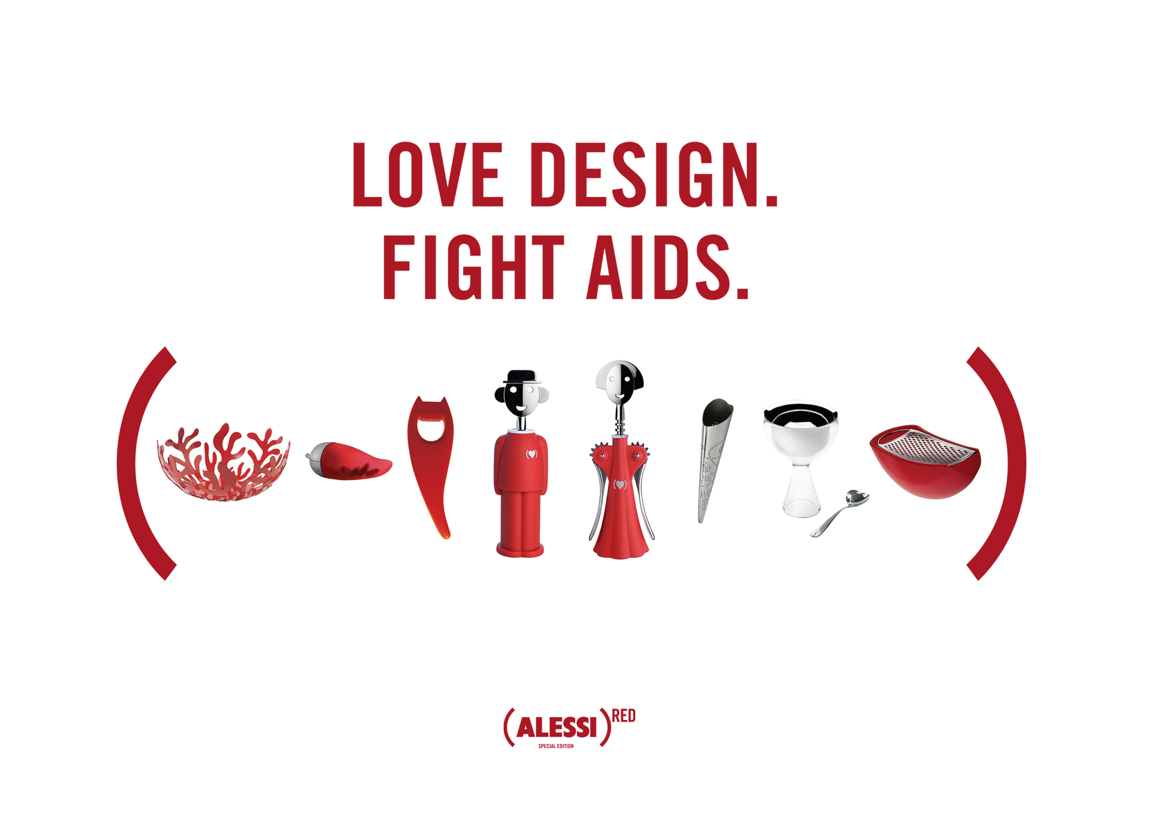 campagna Love design. Fight AIDS. Alessi RED rosso fondo bianco