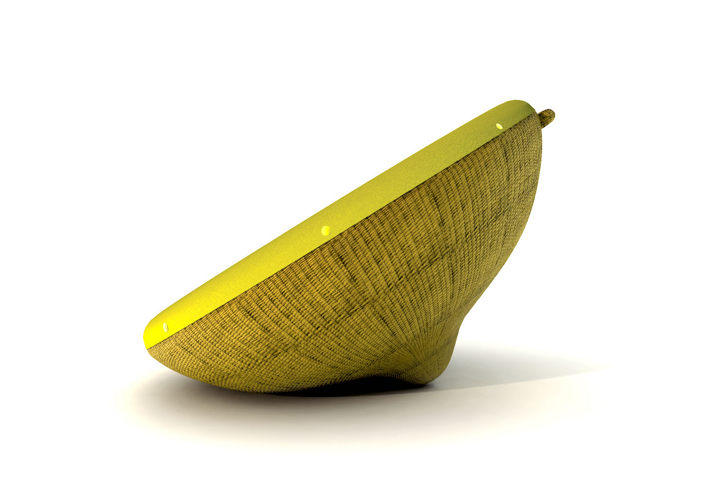 Rendering progetto poltrona gialla e rattan prospetto, laterale.