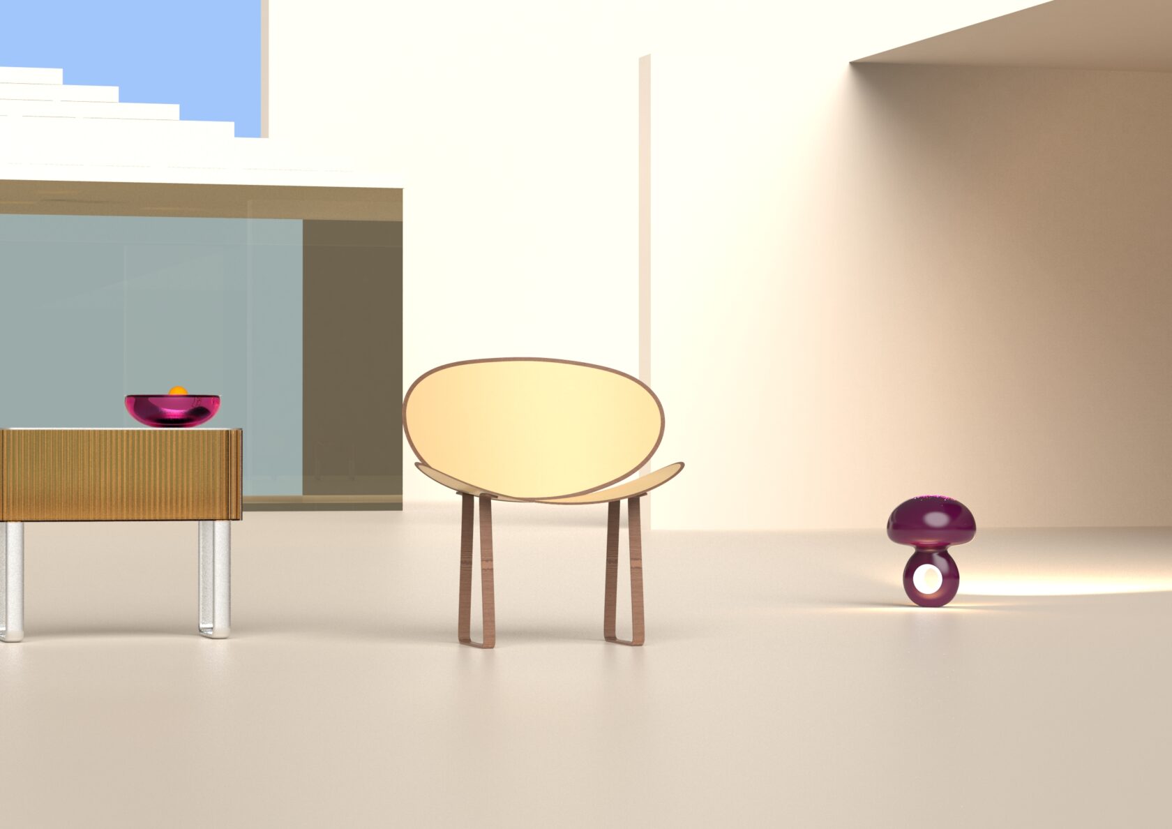 Sedia con supporti simmetrici e telaio laccati color nocciola, sedile e schienale identici in fibra vegetale. ambienta in esterno con lampada da terra e complementi, ciotola grande Super Love.