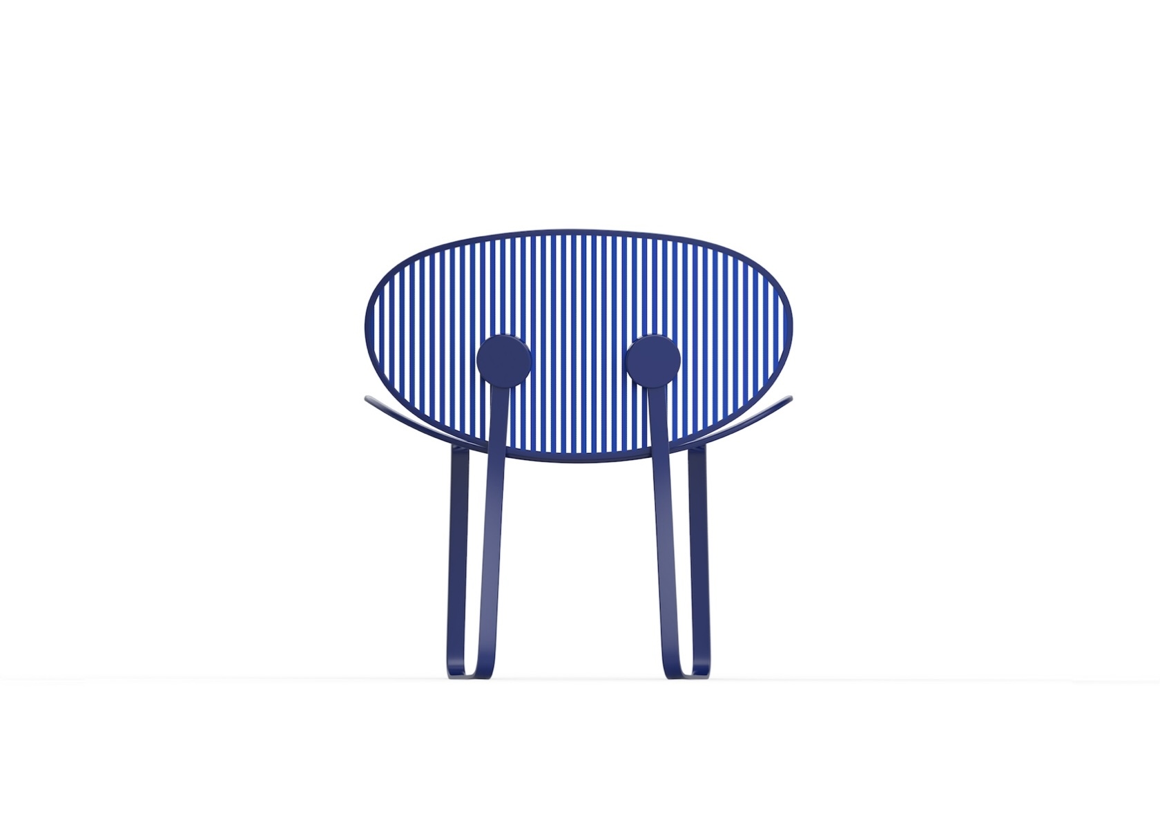 Blue lacquered aluminium structure formed by stripes and frame. Blue aluminium seat and backrest. Frontal view. Outdoor.