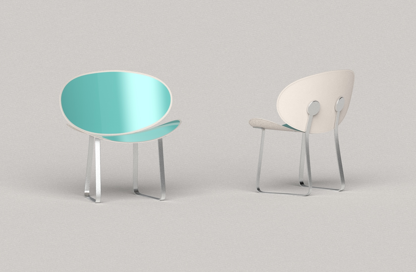 ceramic backrest and seat, two chairs, light blue and white on aluminium structure. Suitable for outdoor use.