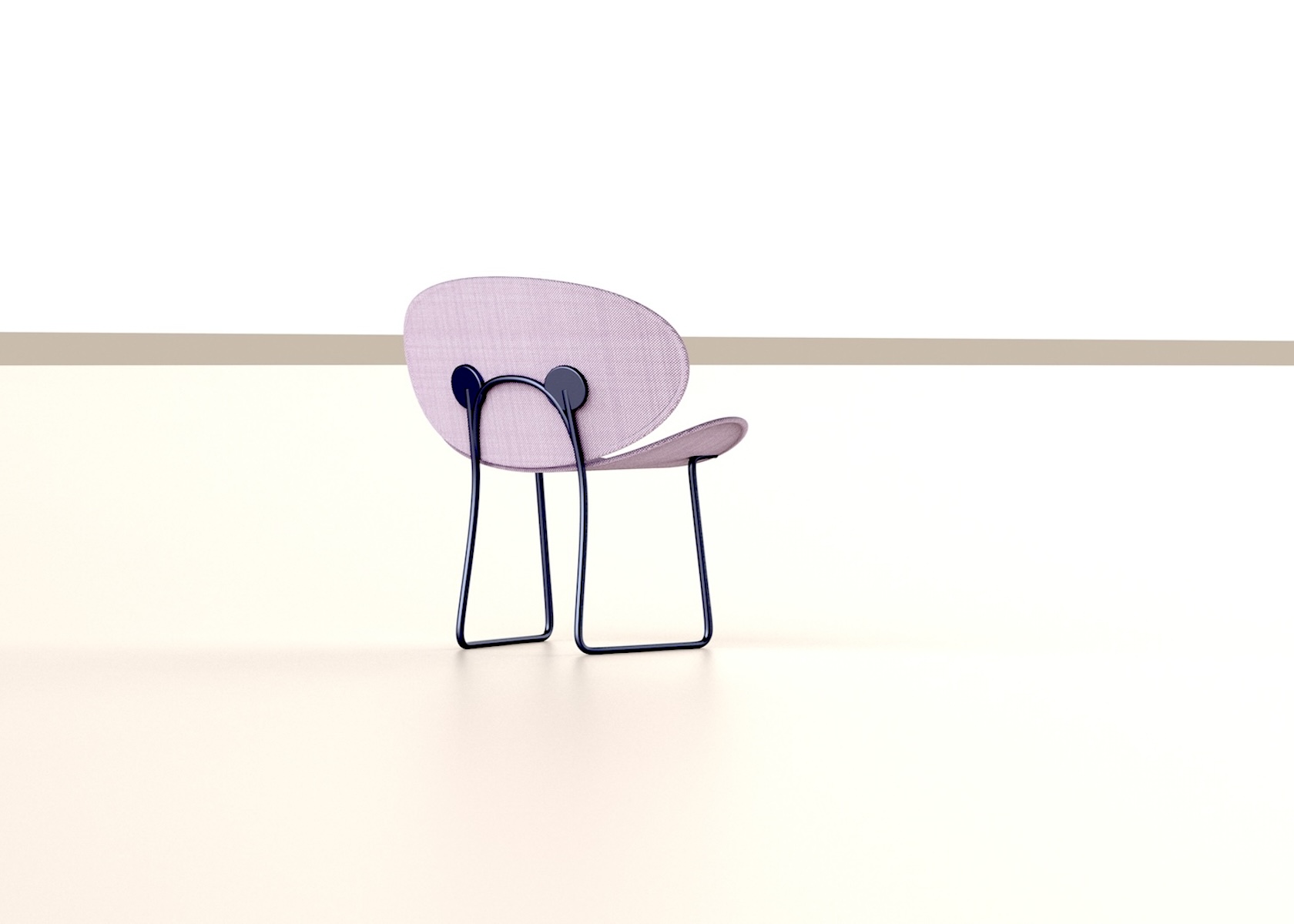 Topolo. tubular blue structure with terminal disks on the backrest and pink upholstering fabric. Back view amb on beige background.