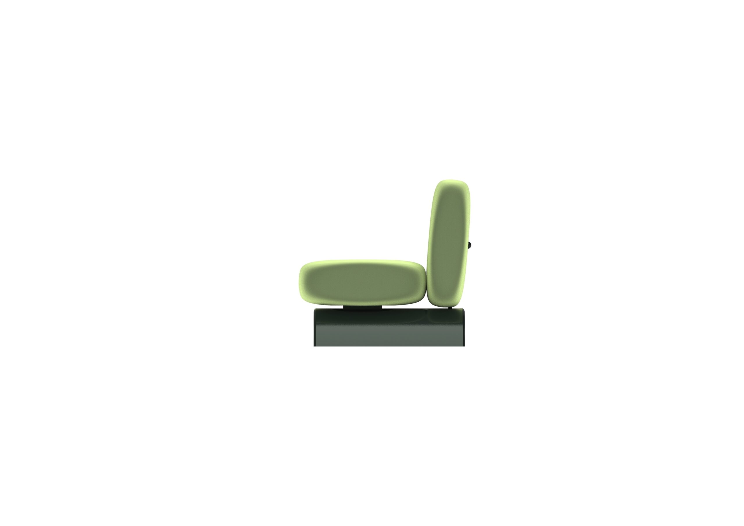Vista laterale progetto, portfolio. Progetto di canapè tre posti colore verde, vista laterale.