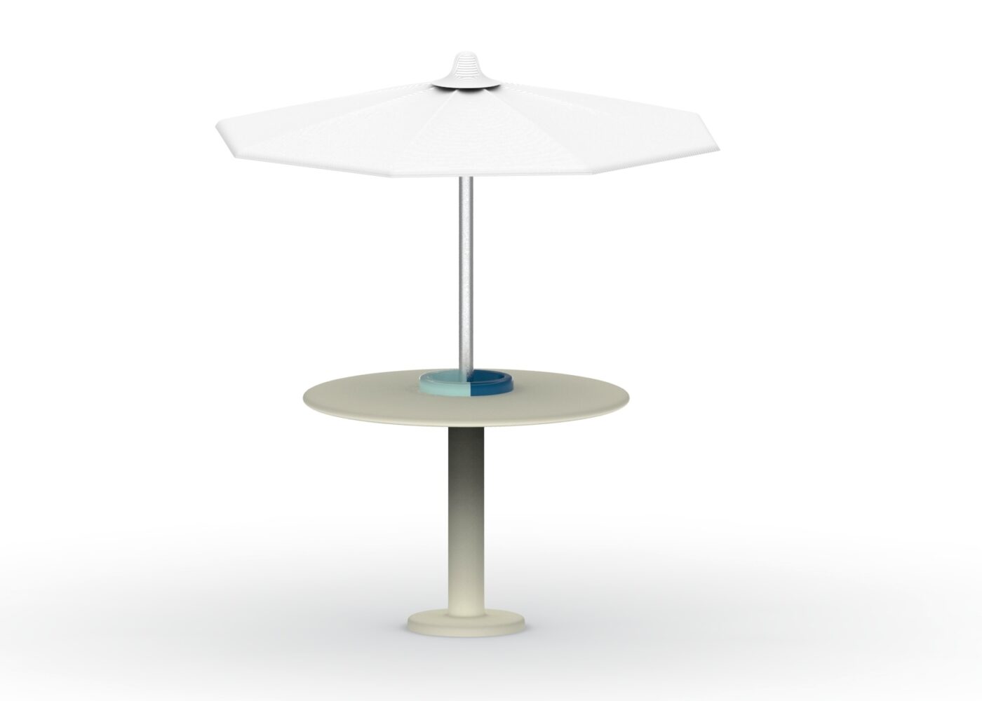 tavolo per outdoor rotondo con base cilindrica, centrotavola in ceramica e parasole