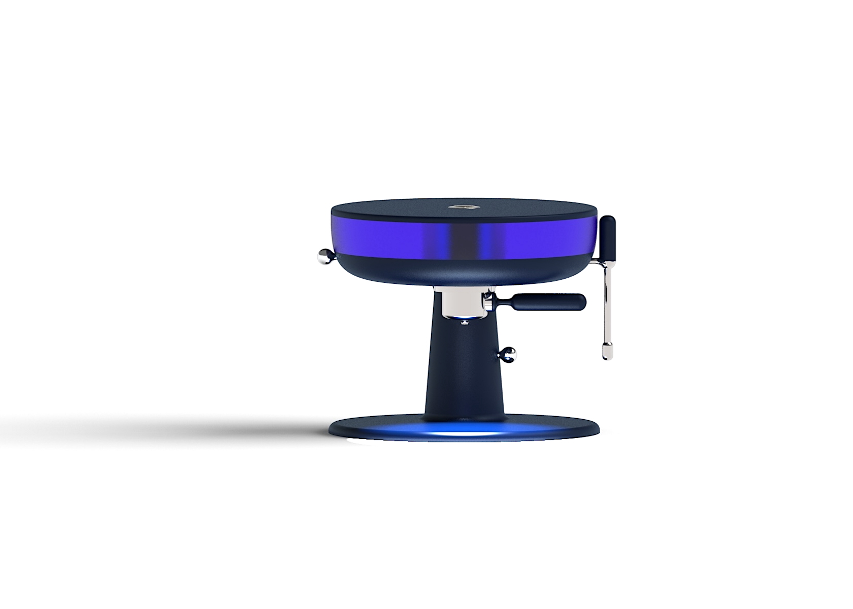 espresso machine filter holder model, visible transparent water tank on top, blue color.