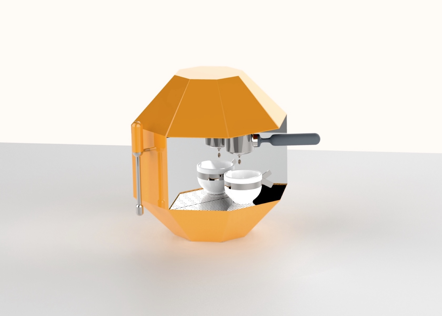 Espresso machine octagonal plan, orange color, filter holder and steam nozzle and Babette coffee caup.