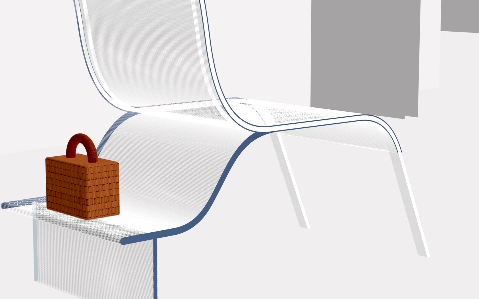 zoom del piano di appoggio posizionato sul retro della sedia sdraio, con borsa. Sunbed rete bianca e struttura laccata bianco blu