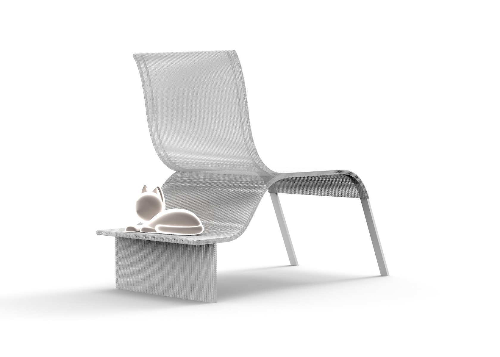 Prospettiva modello B sunbed seduta in rete bianca e struttura metallo grigio, piano di appoggio sul retro con gatto all'ombra