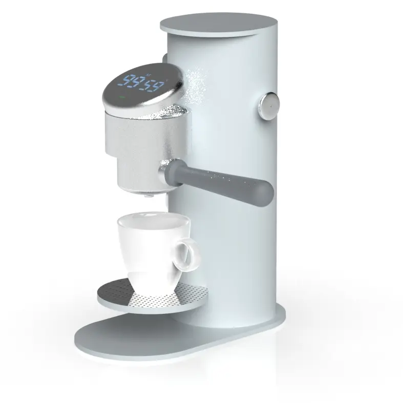 Coffee machine as a grey colour column with filter-holder and lever.