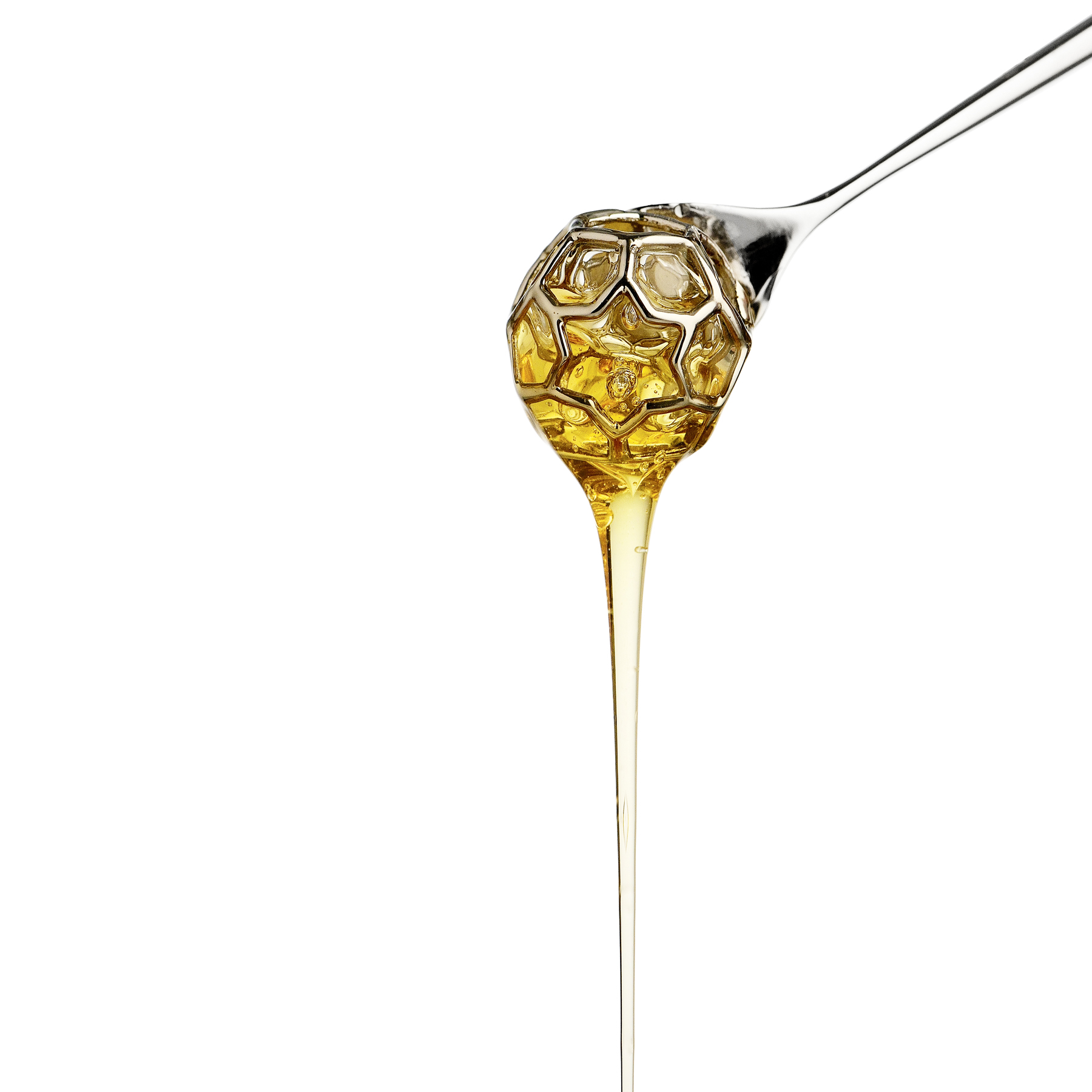 dosamiele con miele, dettaglio della sfera vuota che raccoglie il miele. fondo bianco.