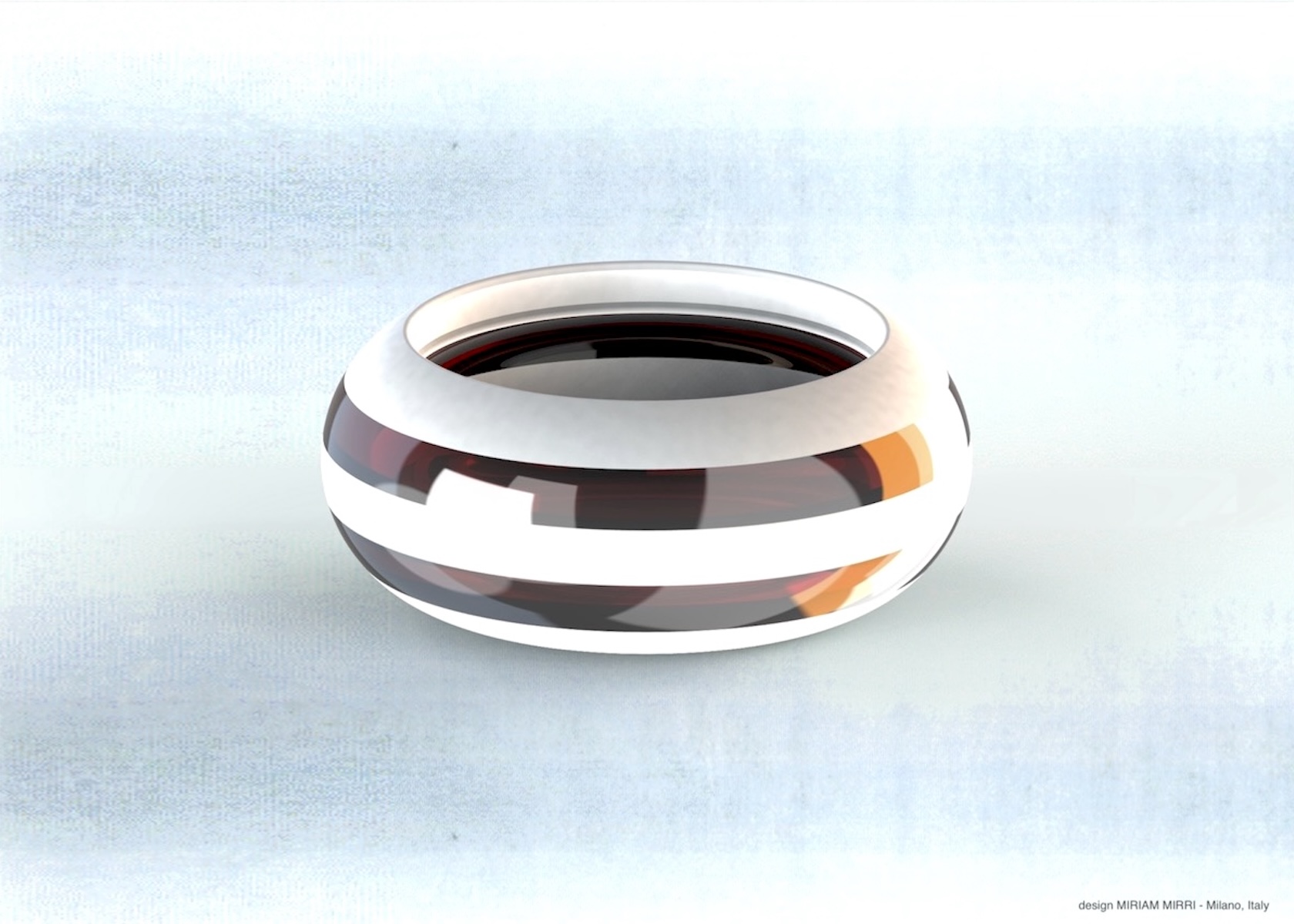 render cestino bianco e vetro color opale su fondo azzurro.