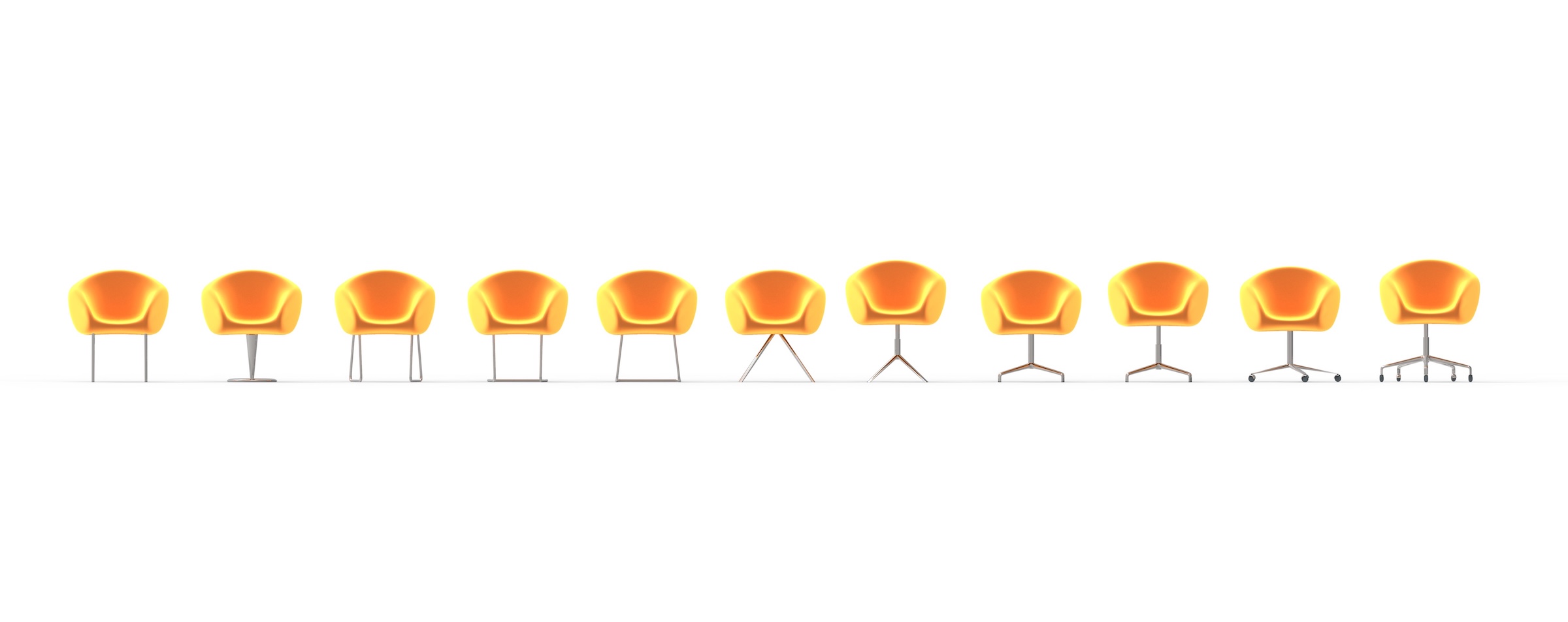 undici poltroncine colore arancione su vari tipi di supporto prospetto