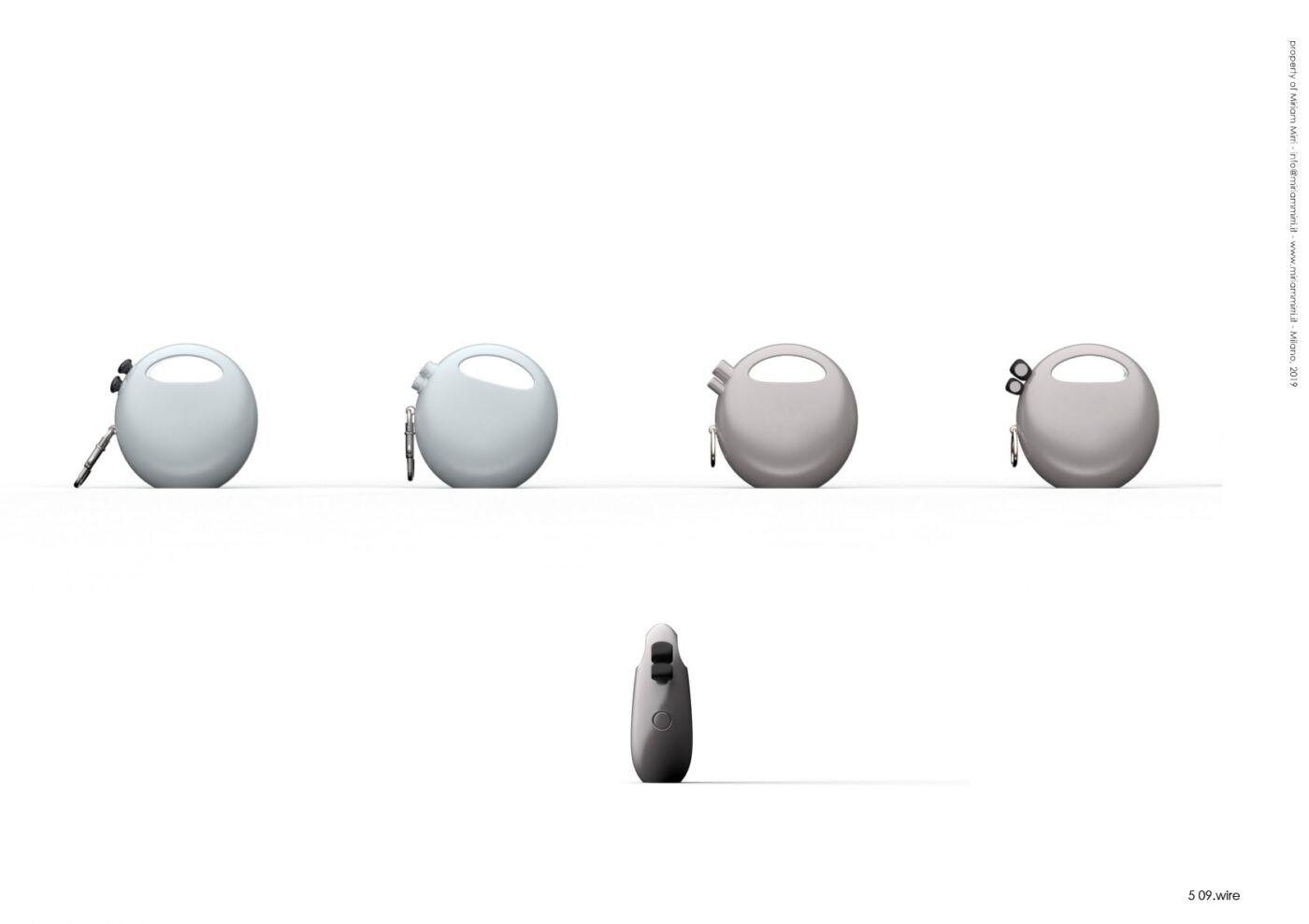 rendering of round extendable leash models with integrated handle and different control buttons, front and side views. grey colors.